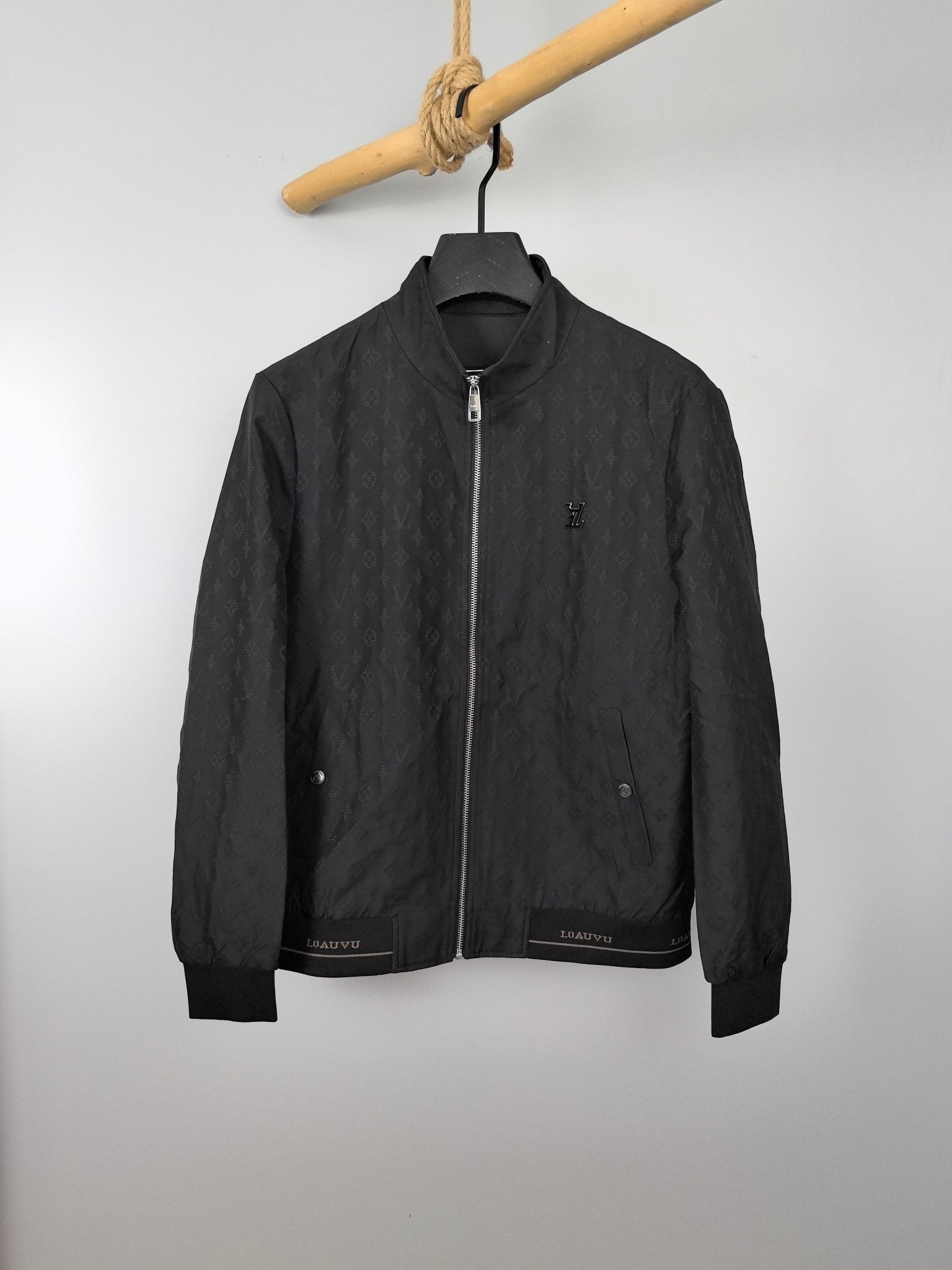 Louis Vuitton monogram zip bomber jacket, dark gray with front zipper and ribbed hem