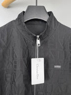 Dior long jacket close-up, front zipper and patterned fabric with hanging tag