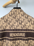 Beige long jacket back with MENGKOUROU stripe and patterned fabric, hanging