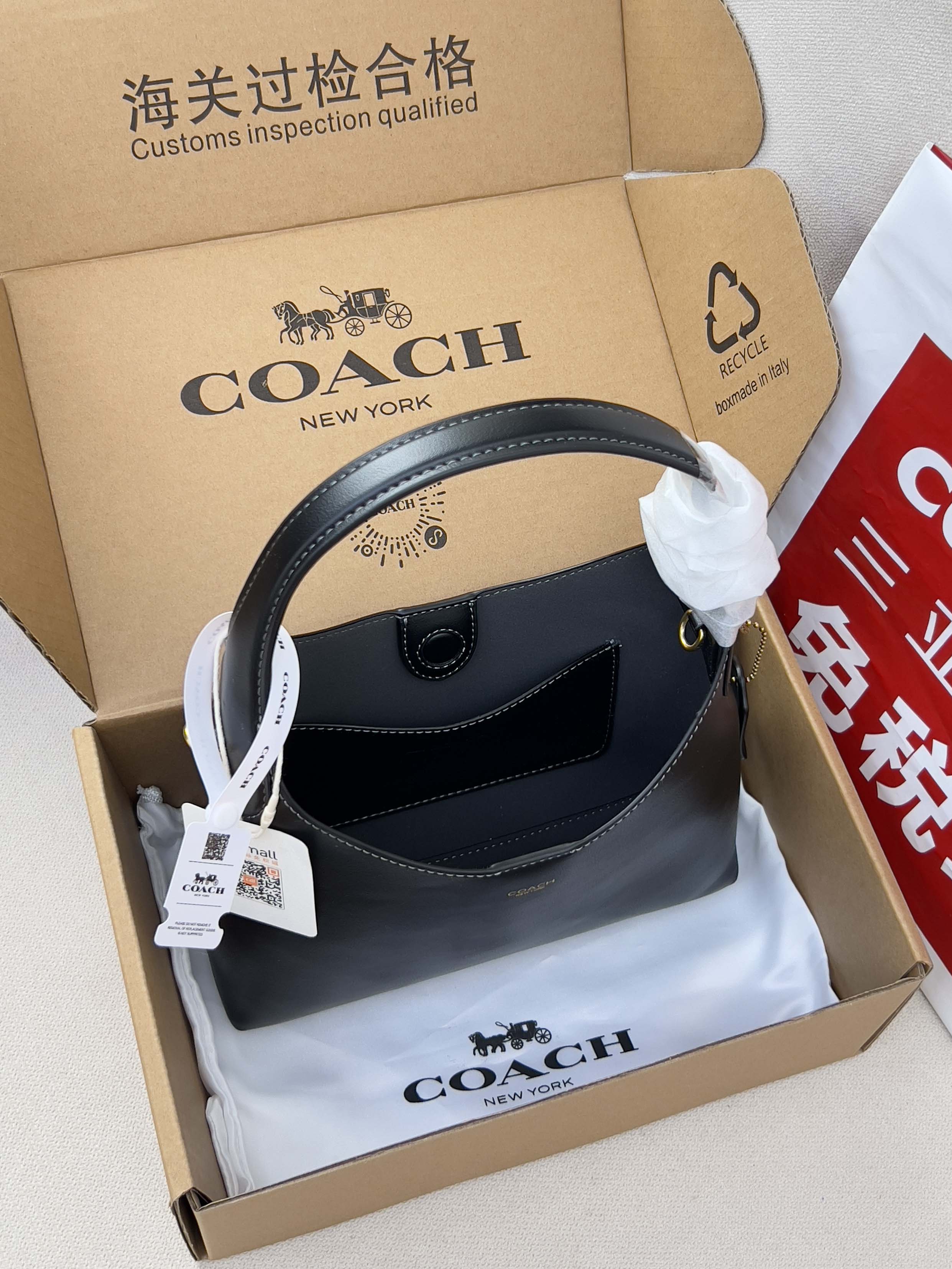 COACH navy leather shoulder bag with gold chain strap, in retail box