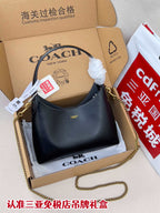 COACH navy leather shoulder bag with gold chain strap, in retail box