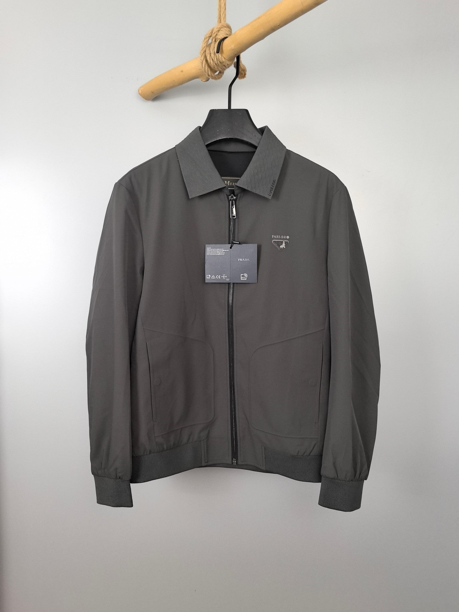 Prada zip-up jacket with stand collar, dark gray, front zipper and chest logo