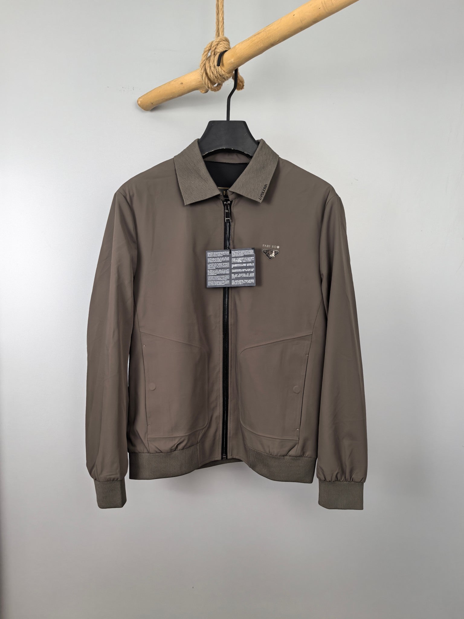 Men's Prada long-sleeve zip jacket, taupe with stand collar and ribbed cuffs