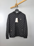Gucci hooded jacket, dark gray with repeating GG pattern, front view