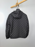Gucci hooded jacket, dark gray with repeating GG pattern, back view