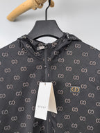Gucci hooded jacket, dark gray GG pattern, zip front and hood detail