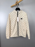 Cream long jacket with dark zipper and repeating GG monogram print