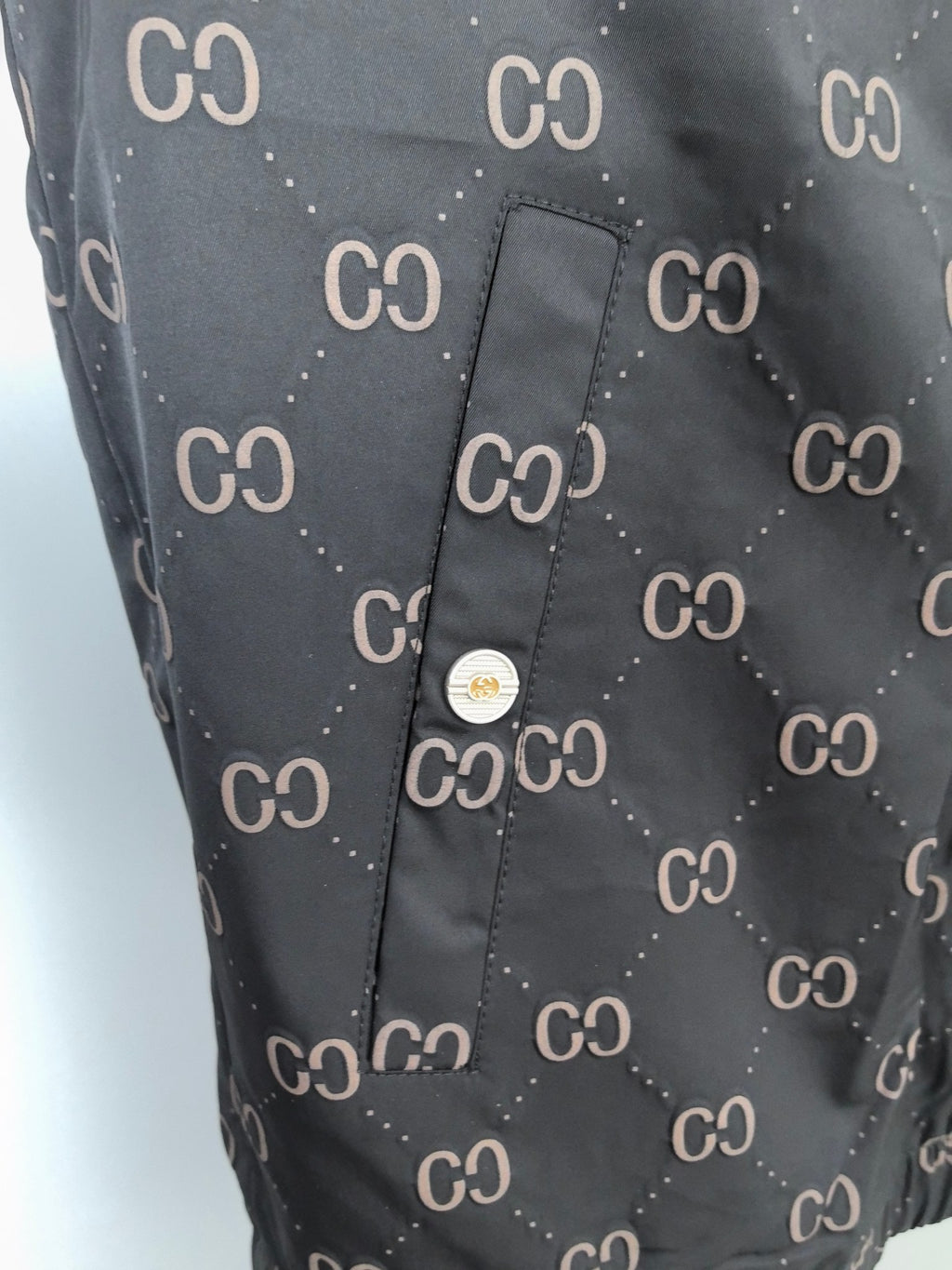 Gucci hooded jacket, dark gray with GG pattern, central flap and button