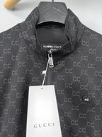 Gucci monogram zip jacket front with stand collar and visible zipper pull