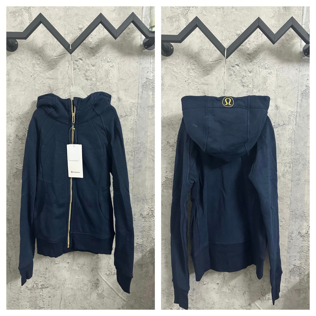 Ralph Lauren zip-up hoodie in dark navy with adjustable hood and gold zipper