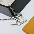 Silver charm necklace clasp with LV letter pendant and chain links