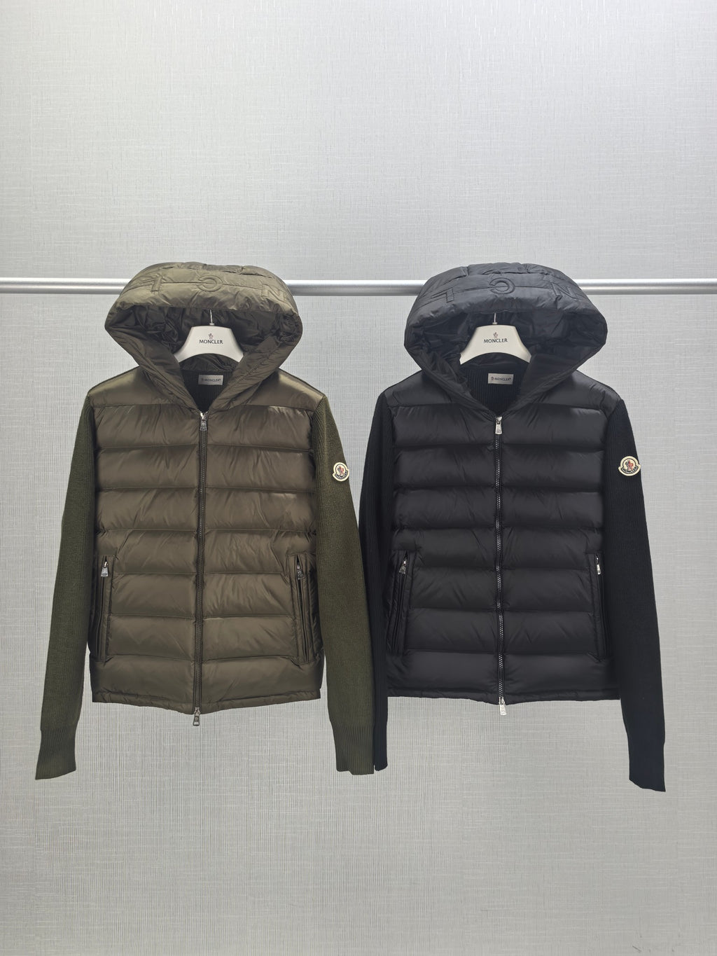 Moncler hooded puffer jacket, olive green, full zip with drawstring hood