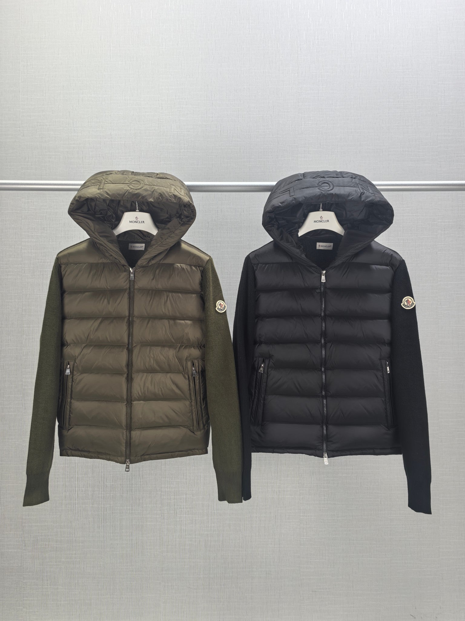 Moncler hooded puffer jacket, olive green, full zip with drawstring hood