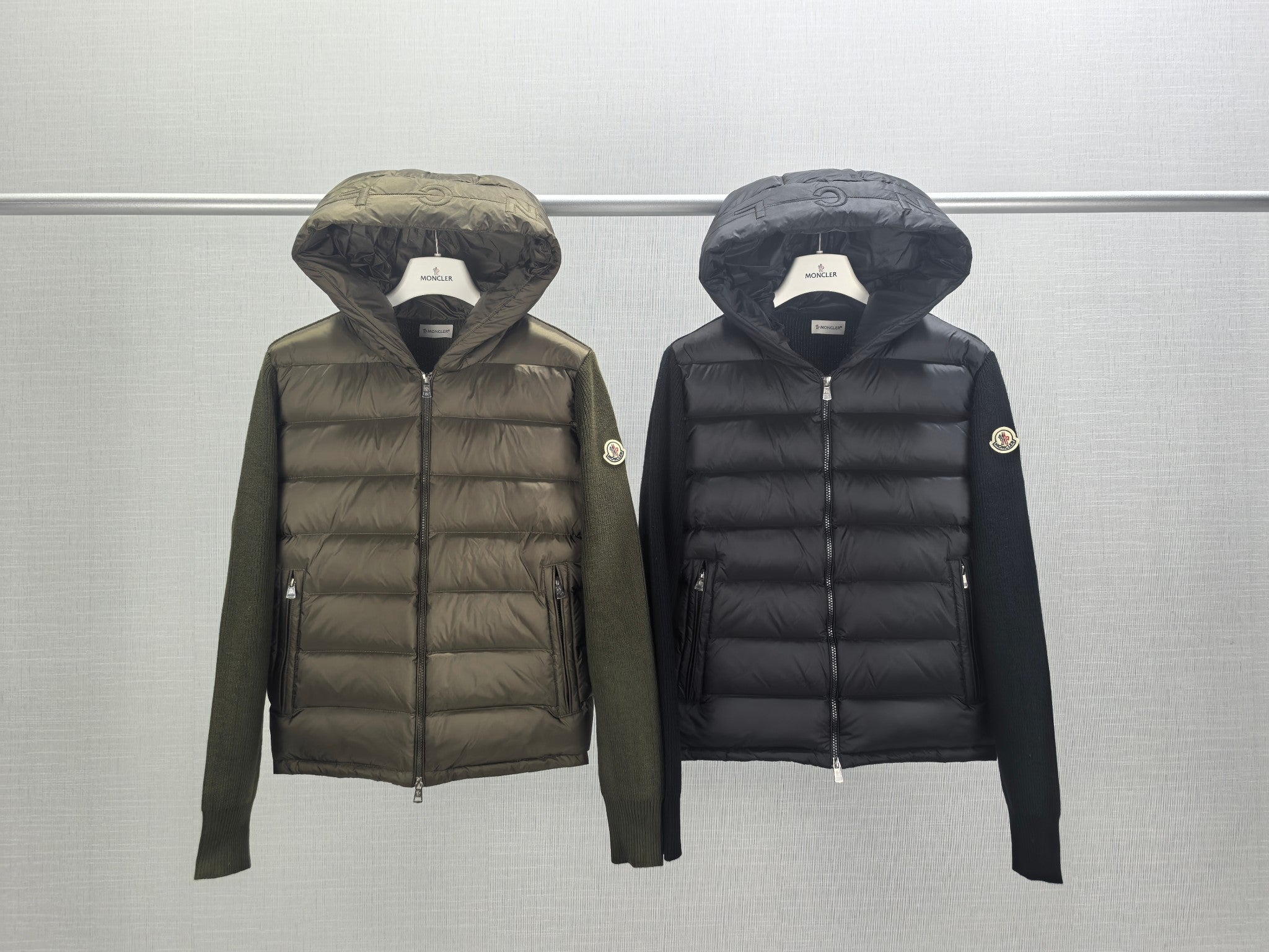 Moncler hooded puffer jacket, dark navy/black, full zip with drawstring hood