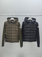 Two Moncler hooded puffer jackets on hangers: olive and dark, full zip