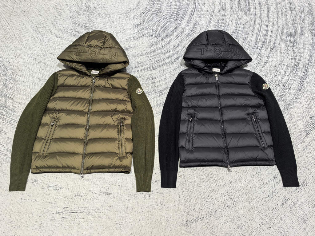 Moncler hooded puffer jacket, olive green, quilted body, full zip, drawstring hood