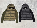 Moncler hooded puffer jacket, olive green, quilted body, full zip, drawstring hood