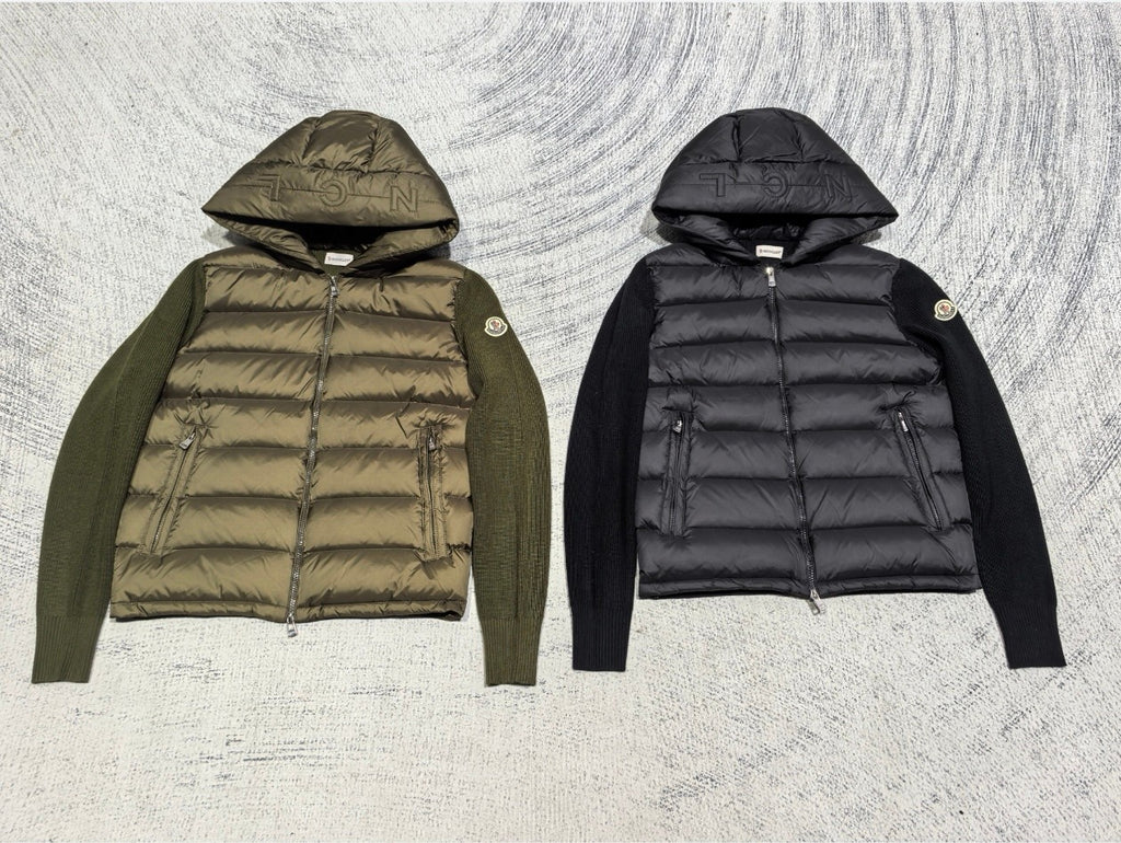 Moncler hooded puffer jacket, dark navy/black, quilted body, full zip, drawstring hood