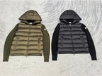 Moncler hooded puffer jacket, dark navy/black, quilted body, full zip, drawstring hood