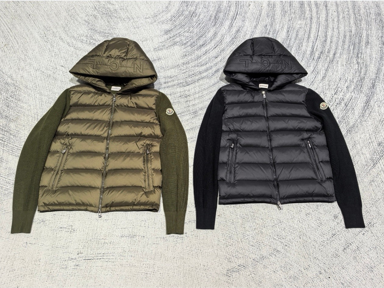 Moncler hooded puffer jacket, dark navy/black, quilted body, full zip, drawstring hood