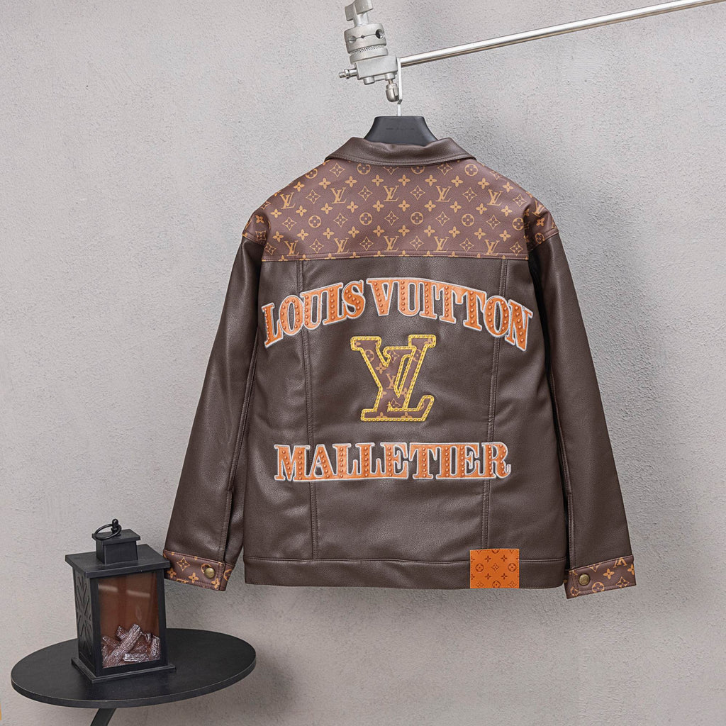 Louis Vuitton long coat back, brown leather with large “LOUIS VUITTON” graphic