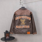 Louis Vuitton long coat back, brown leather with large “LOUIS VUITTON” graphic