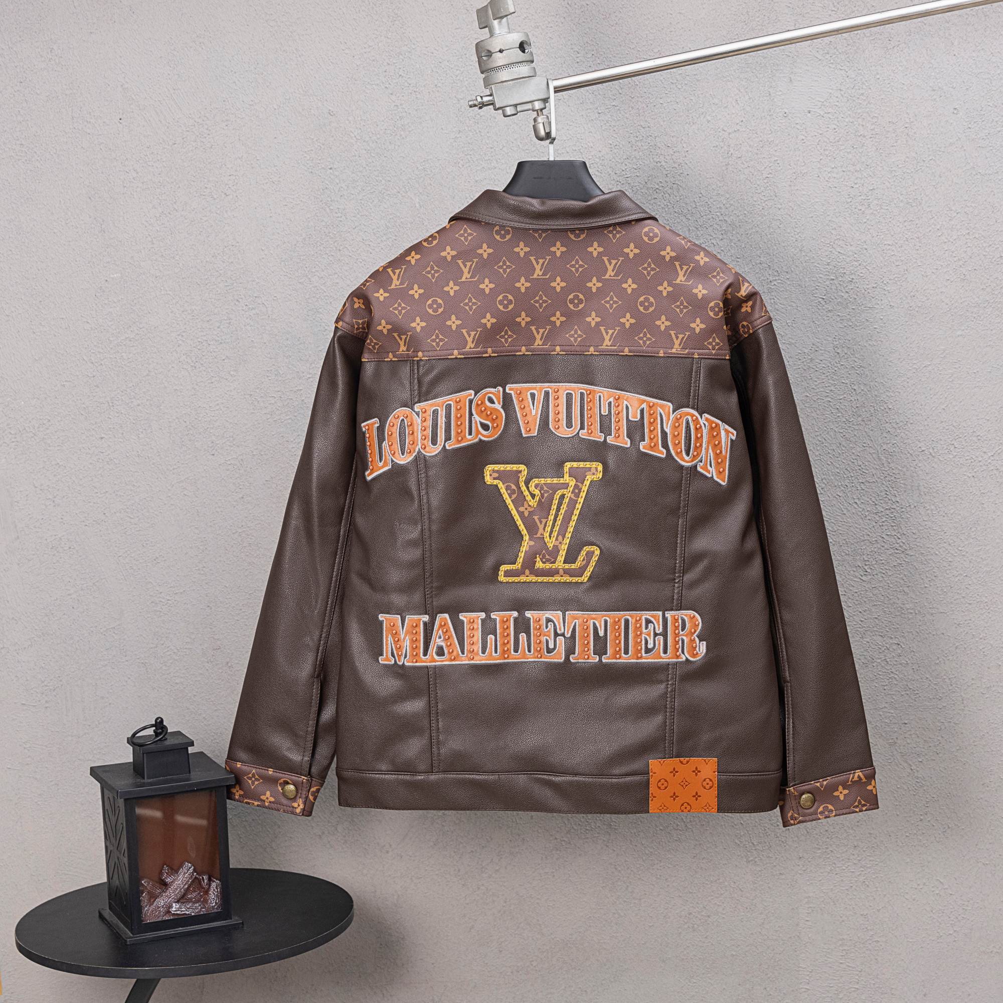 Louis Vuitton long coat back, brown leather with large “LOUIS VUITTON” graphic