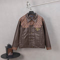 Louis Vuitton long coat, brown leather with monogram panels, button front and chest pockets