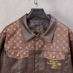 Louis Vuitton long coat front, brown leather with monogram shoulders and chest snap buttons