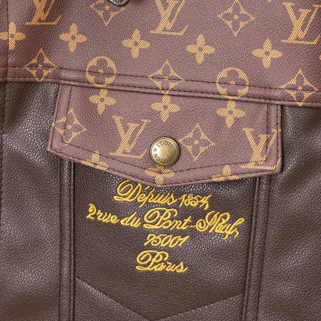 Louis Vuitton long coat pocket flap, monogram trim with stitched decorative script