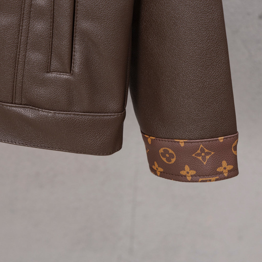 Louis Vuitton long coat sleeve cuff, brown leather with monogram trim border