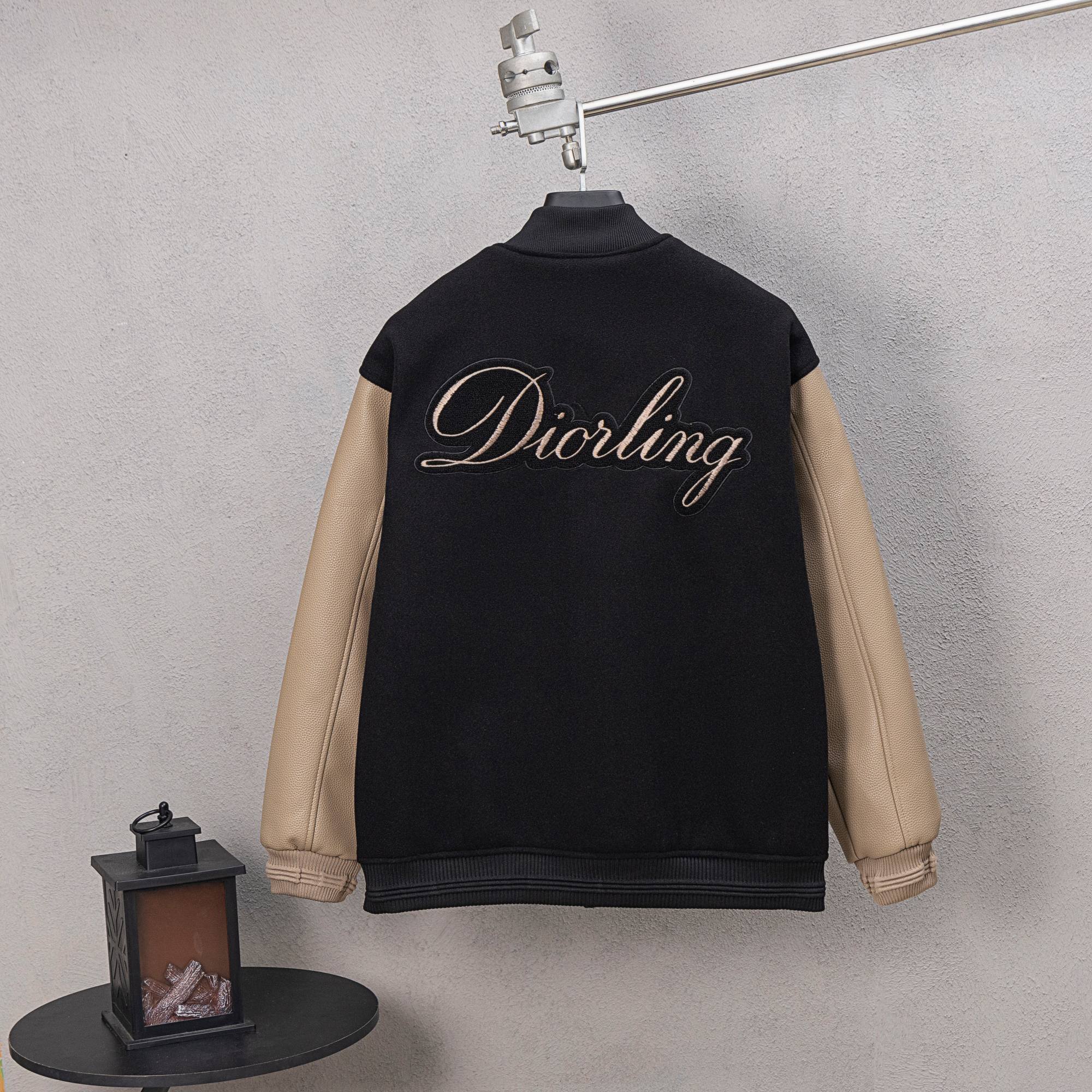 Black long-sleeve varsity jacket with Diorling logo on back and beige sleeves