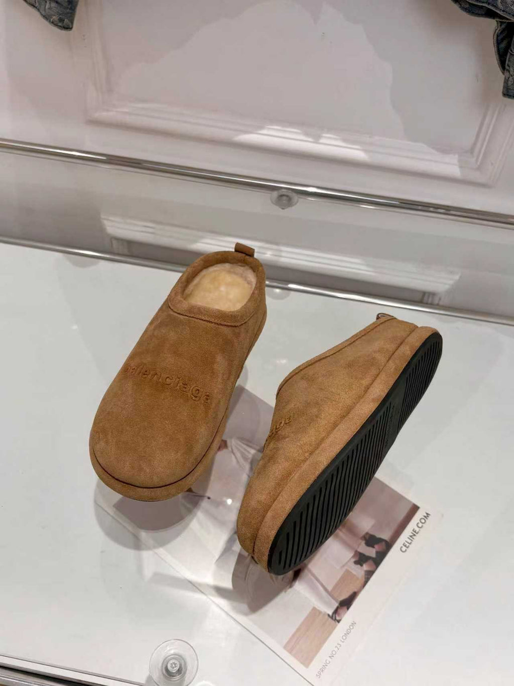 Balenciaga suede slide sandals, tan with ribbed rubber sole detail
