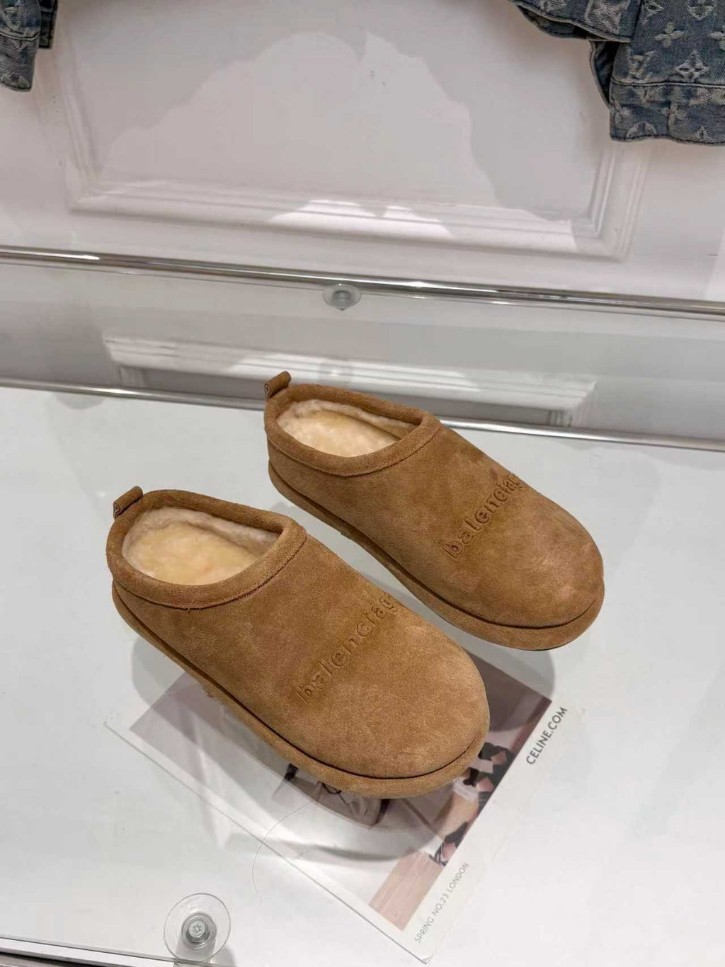 Balenciaga suede slide sandals, tan pair with open toe and rounded vamp