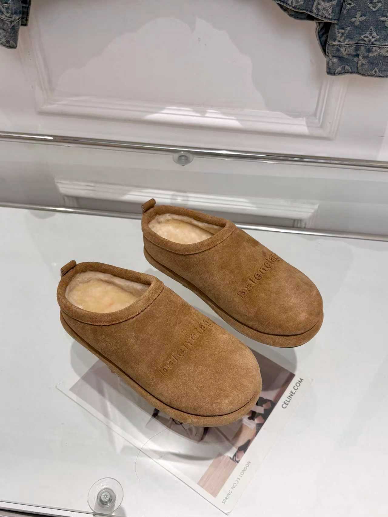 Balenciaga suede slide sandals, tan pair with open toe and rounded vamp