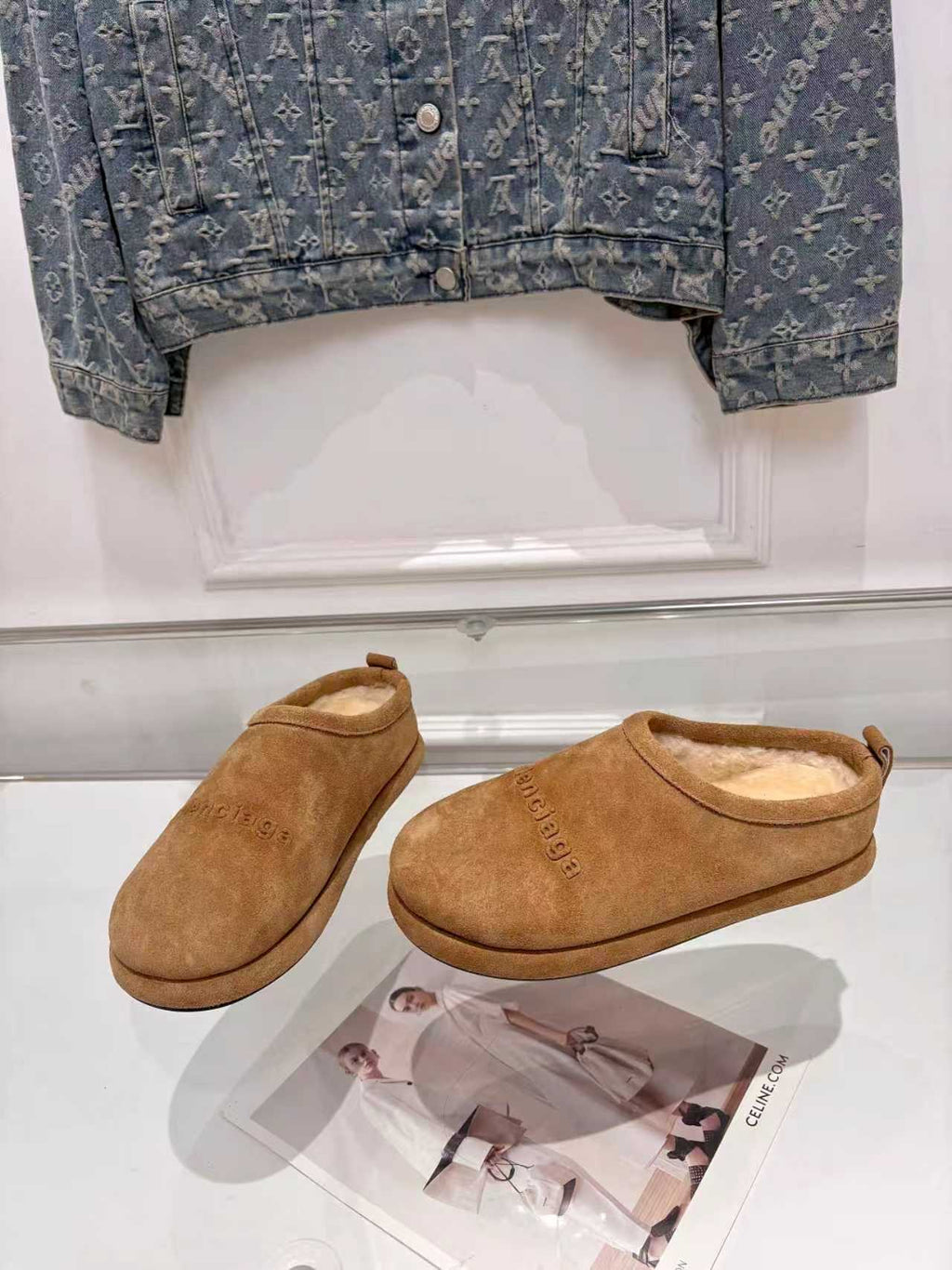 Balenciaga suede slide sandals, tan pair with open toe and low collar