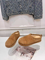 Balenciaga suede slide sandals, tan pair with open toe and low collar