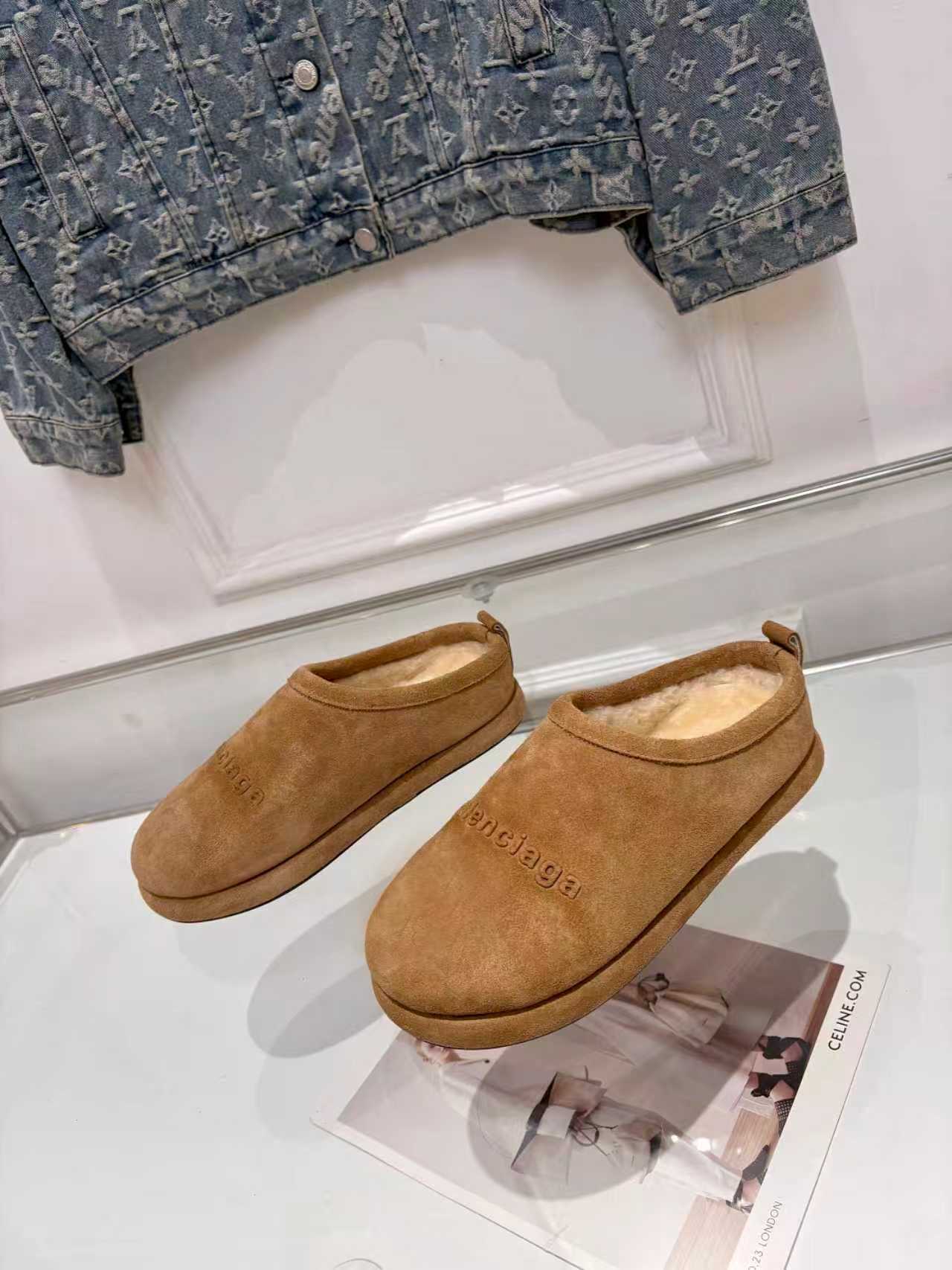 Balenciaga suede slide sandals, tan with open toe and cushioned lining