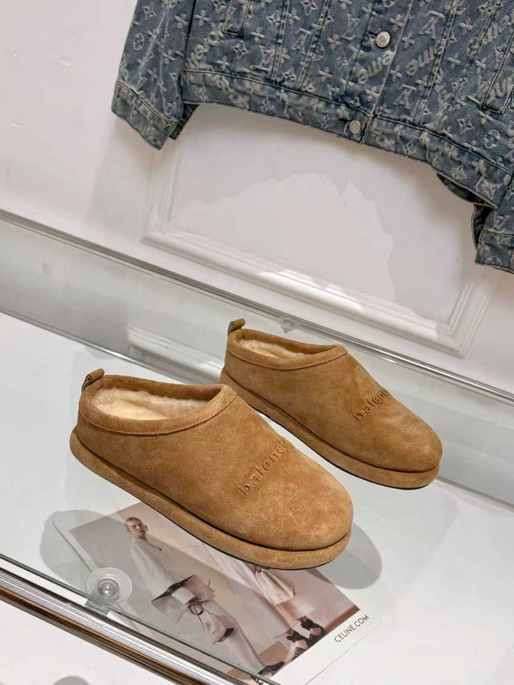 Balenciaga suede slide sandals, tan pair displayed side-by-side