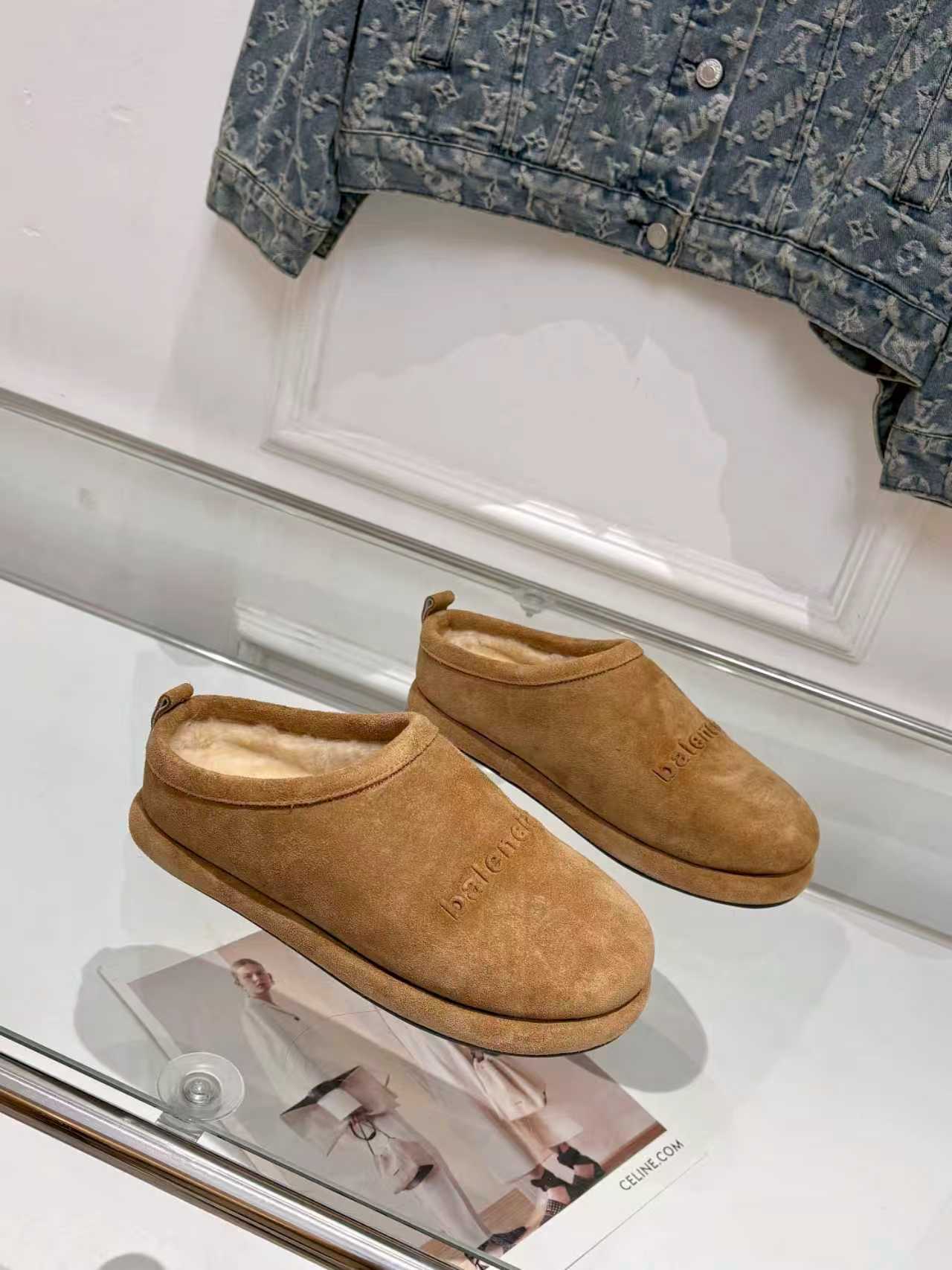 Balenciaga suede slide sandals, tan pair displayed side-by-side