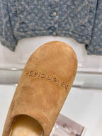 Balenciaga suede slide sandal, tan with Balenciaga logo on toe area