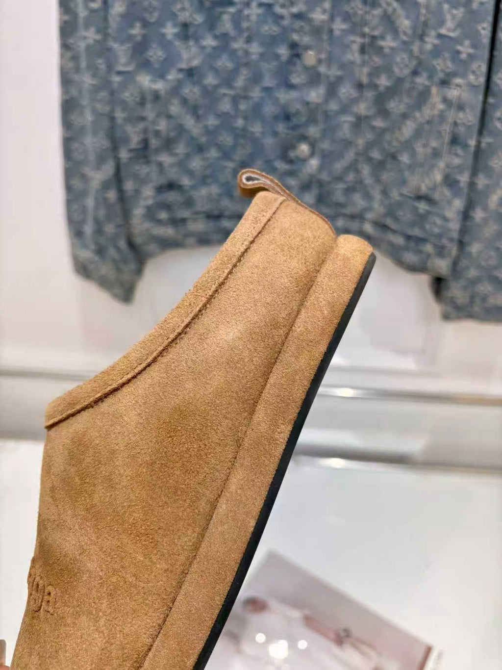 Balenciaga suede slide sandal, tan upper with side profile and thick sole