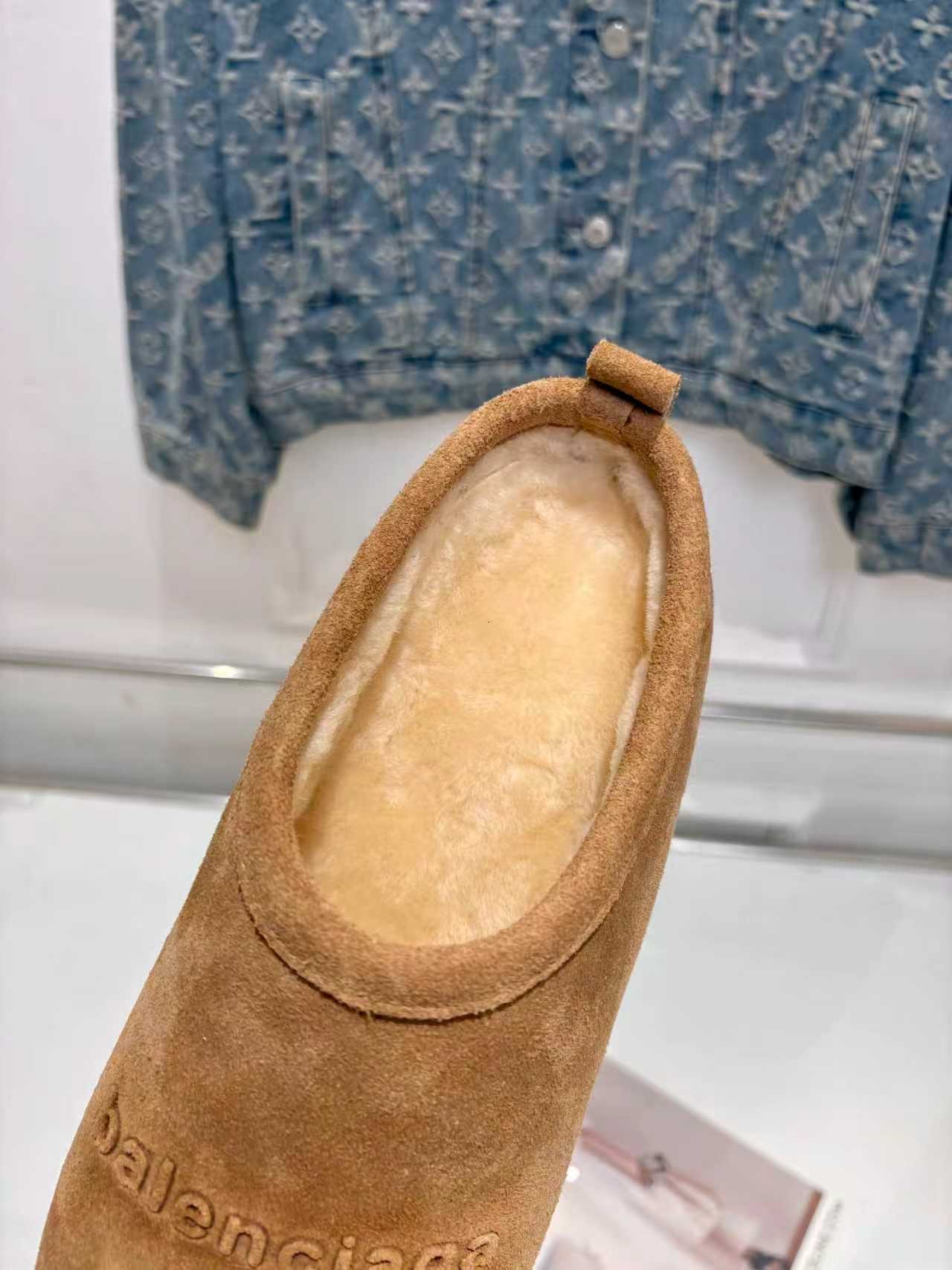 Balenciaga suede slide sandal, tan suede upper with rounded open toe