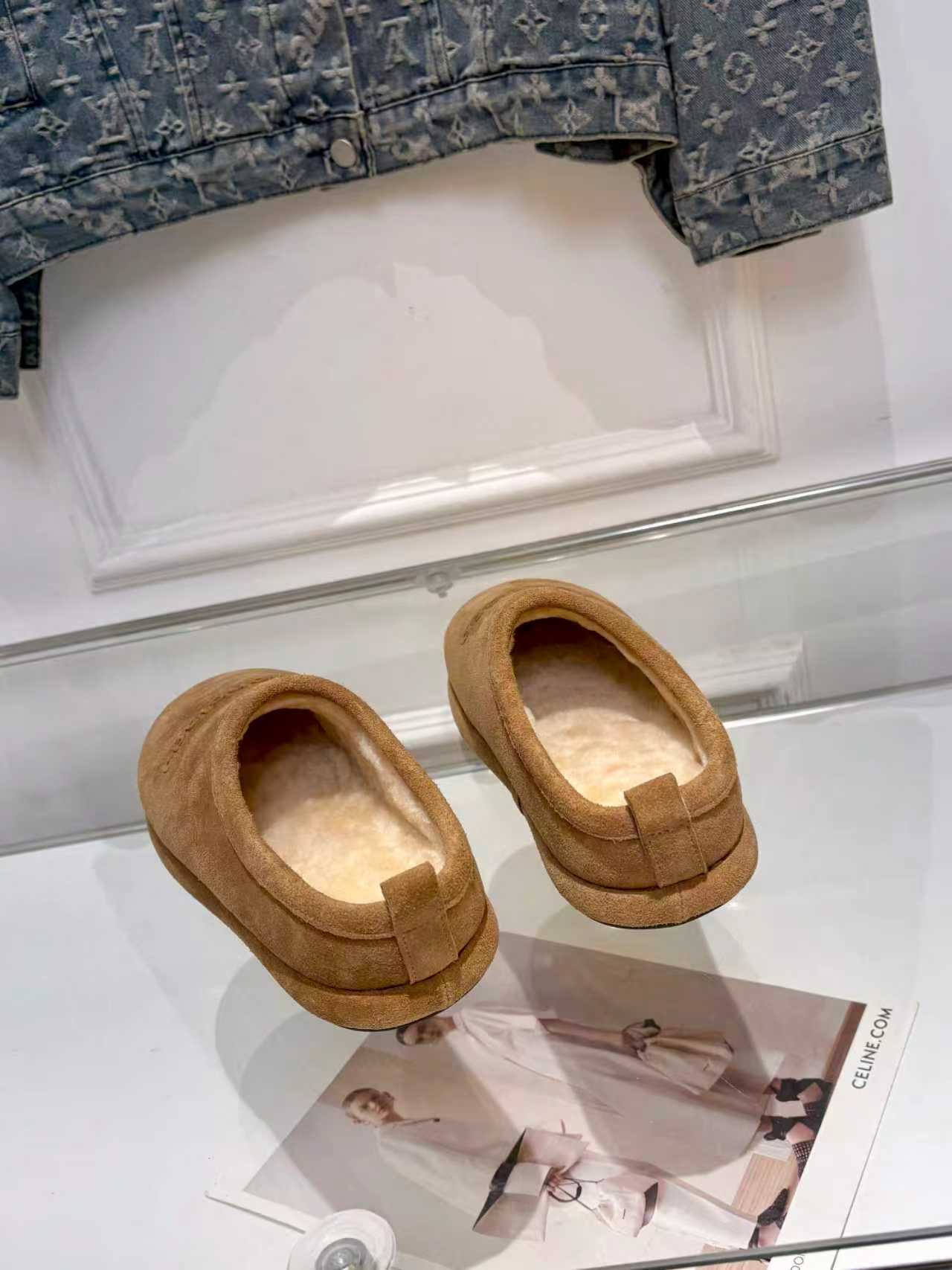 Balenciaga suede slide sandals, tan with interior lining visible