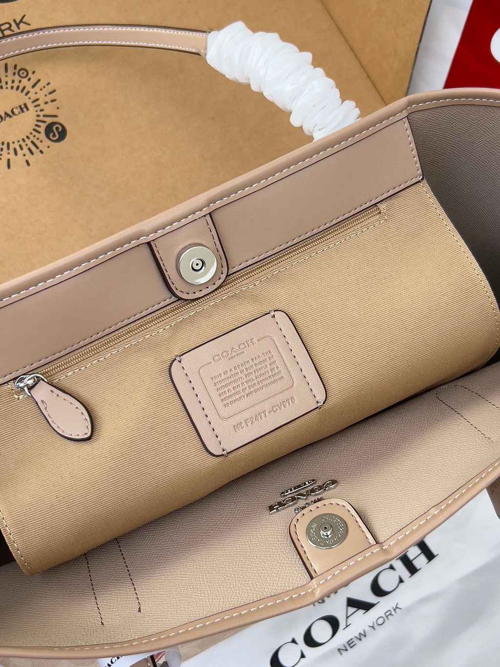 Coah wristlet pouch, light beige canvas, snap closure and leather trim