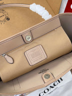 Coah wristlet pouch, light beige canvas, snap closure and leather trim