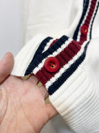 Gucci long cardigan sleeve cuff with maroon, navy, and white striped knit band