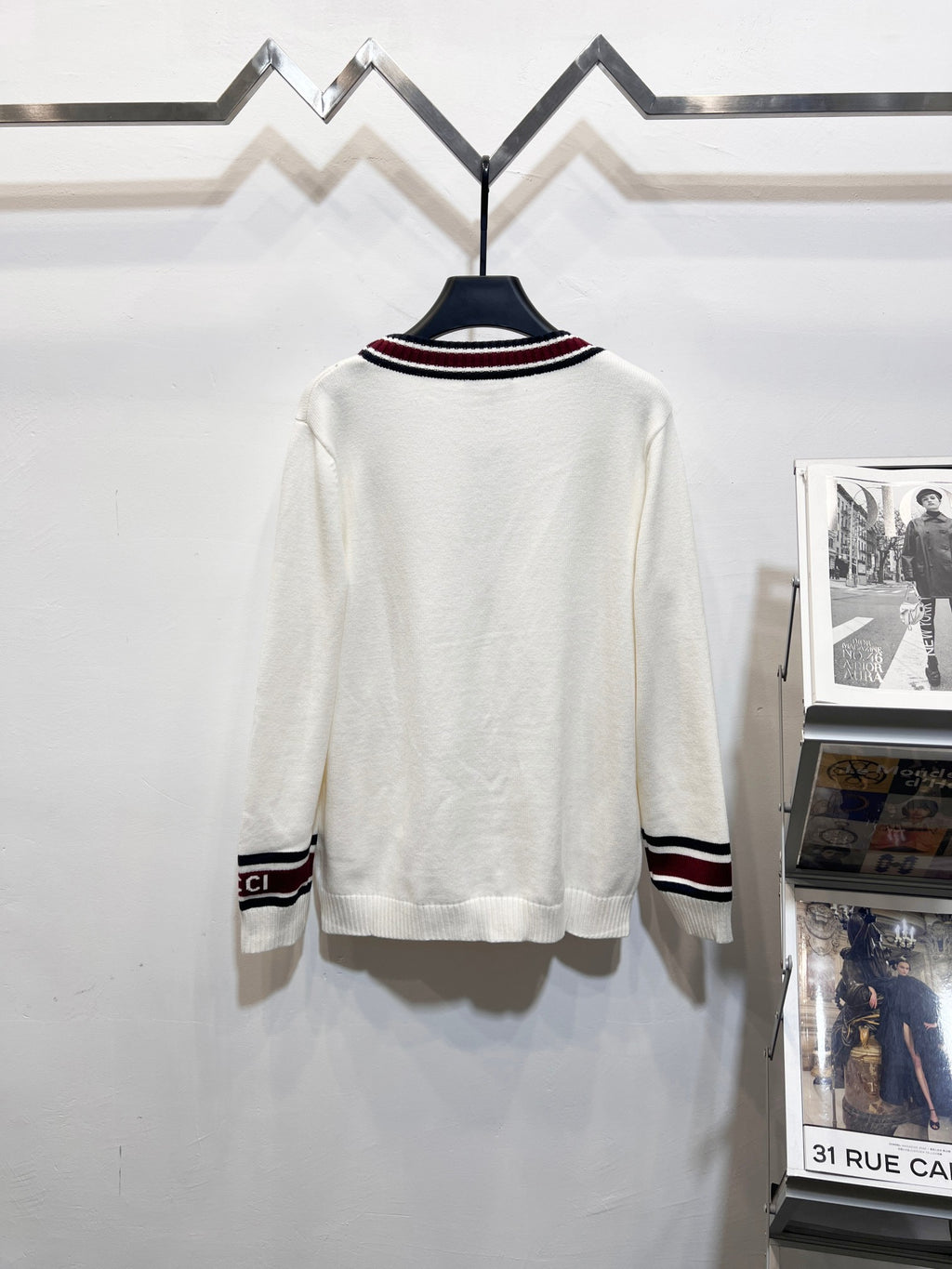 Gucci long cardigan, white knit with V-neck striped collar and ribbed cuffs