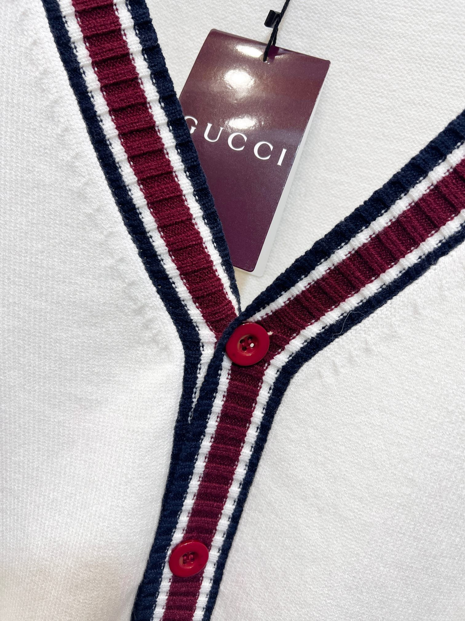Gucci long cardigan button placket detail with maroon and navy striped edge trim