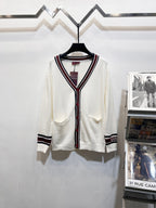 Gucci long cardigan, white knit with V-neck striped trim and button front pockets